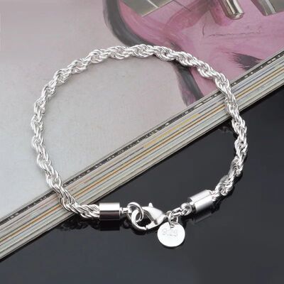 4MM Silver Plated Twisted Rope Bracelet Jewelry For Women An
