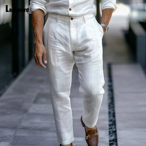 2025 Men's Stand Pocket LInen Beach Pants Solid White Trouse