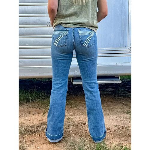 2025 New Women's High Waist Elastic Embroidered Flared Jeans