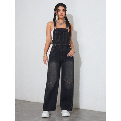 Women's Vintage Black Denim Jumpsuit Wide Leg Overalls Loose