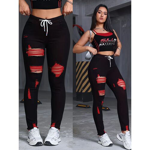 Women's Stretch Jeans Elastic Waist Drawstring Elegant Distr