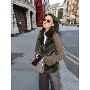 Patchwork Coat Stand Faux Col Sleeves Fur Knitted Chic Women