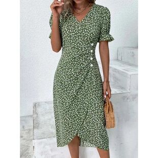 Dress Puf Pleated Neck Female Midi shaped Floral Elegant