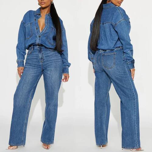 Women Denim Jumpsuits Solid Rompers Button Turn Down Collar