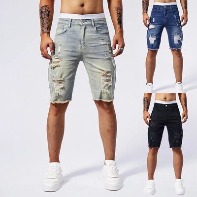 2025 Summer New Men's Ripped Denim Shorts Fashion Vintage Ho