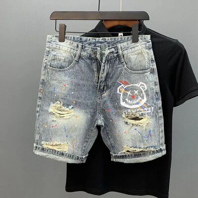 Cat Whiskers Ripped Denim Shorts Men's Personalized Print Sp