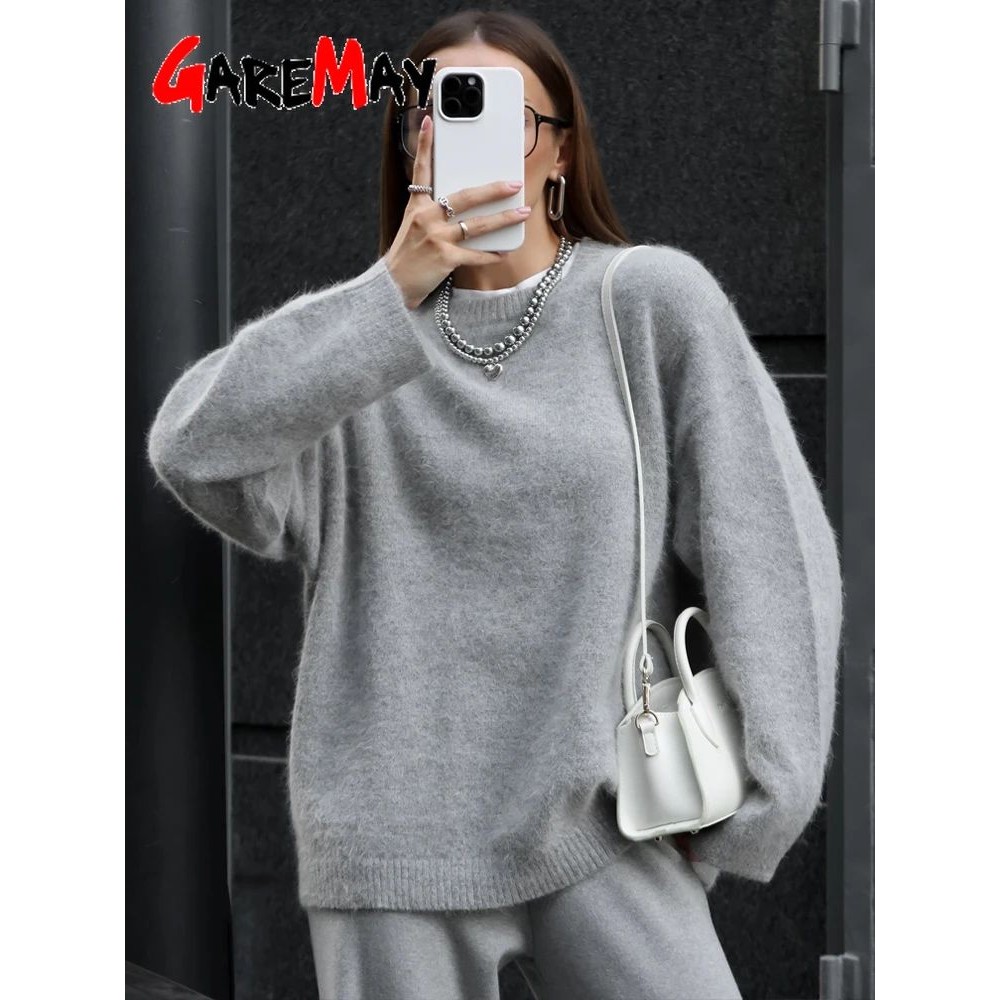 Autumn Winter Women's Knitted Sweater Wool Mohair Thin Gray