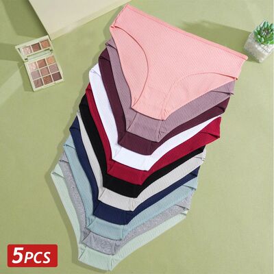5PCS Women's Cotton Panties Sexy Low Waist Briefs Striped Un