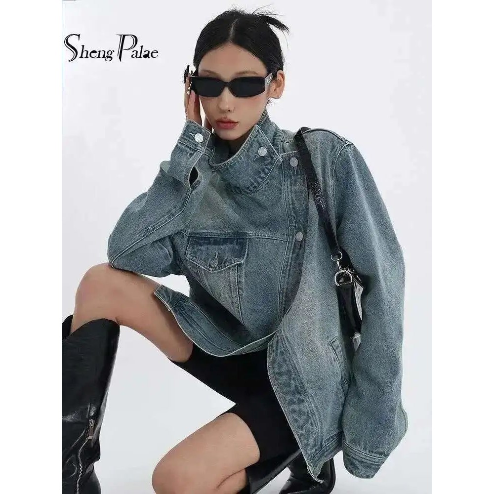 SHENGPALAE Fashion Women's Denim Coat Turtleneck Single Brea