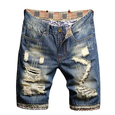 2025 Summer Ripped Denim Shorts Jeans Men's Five Quarter Loo