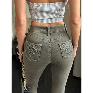 Grey Flared Denim Pants for Women High Waist Jeans with Back