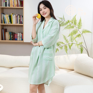 中长款 宜色家100%全棉双层纱新款 睡裙七分袖 外穿夏季 睡衣居家 女款