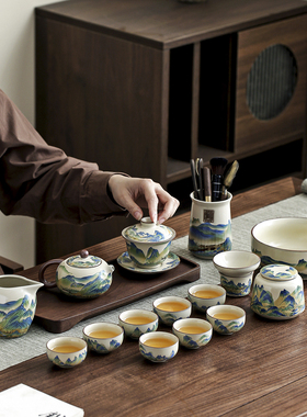 万里山河汝窑西施壶功夫茶具套装高档泡茶壶茶杯整套送长辈礼盒装