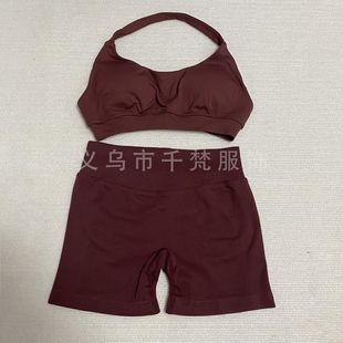 DFYNE欧美无缝露背挂脖运动背心女高弹消光锦纶瑜伽文胸短裤套装