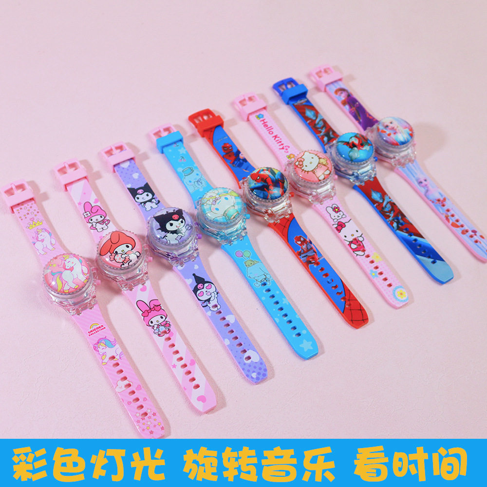 跨境热卖旋转翻盖灯光音乐手表 盖子可旋转解压精美卡通图案电子