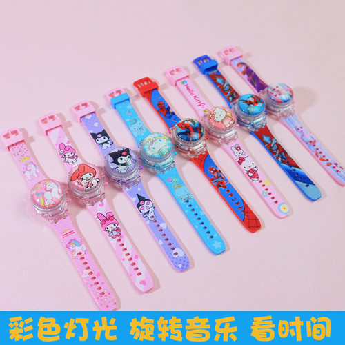 跨境热卖旋转翻盖灯光音乐手表 盖子可旋转解压精美卡通图案电子
