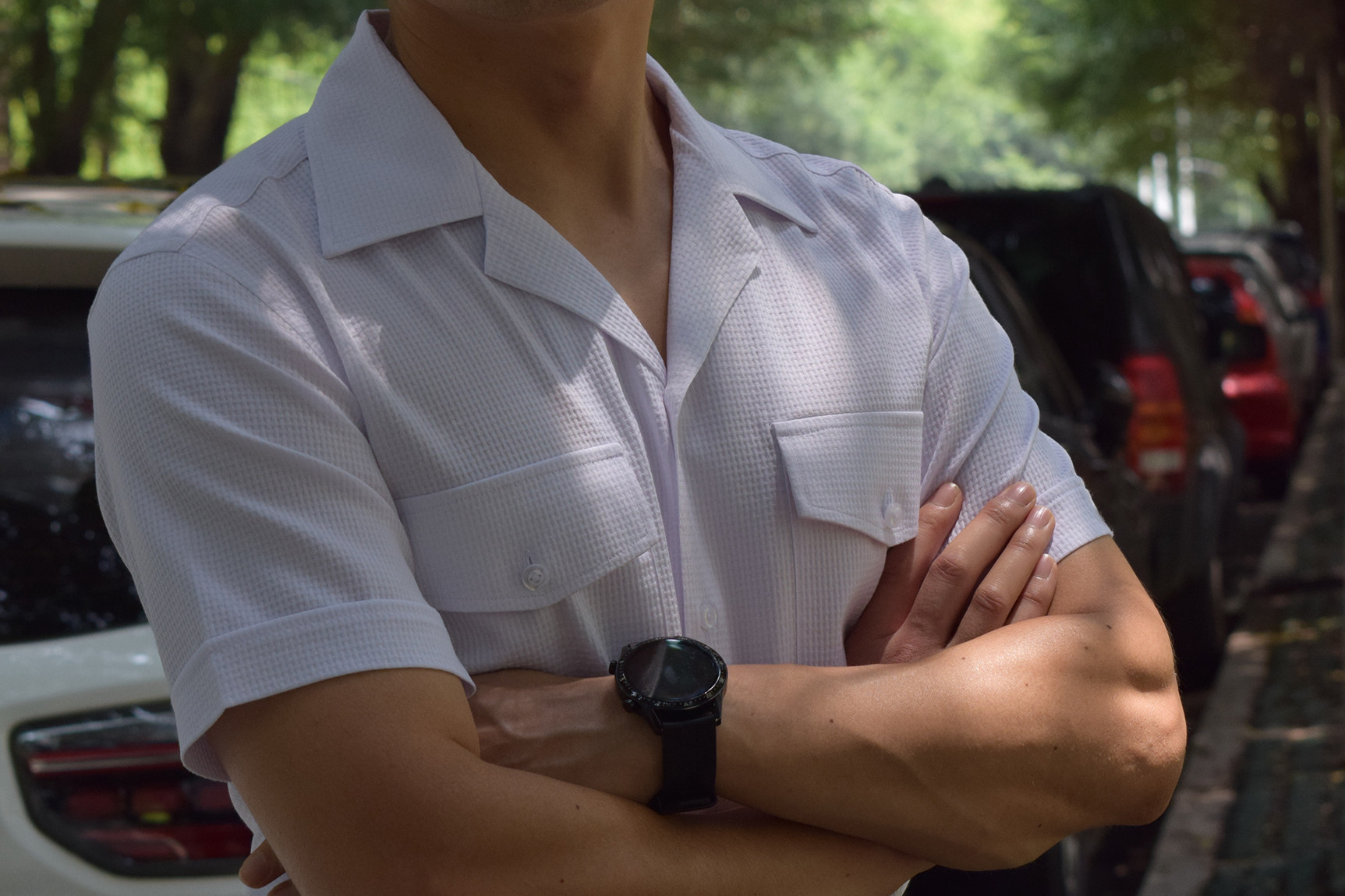 高级感修身免烫抗皱古巴领竹纤维英伦泡泡纱男白色休闲短袖衬衫