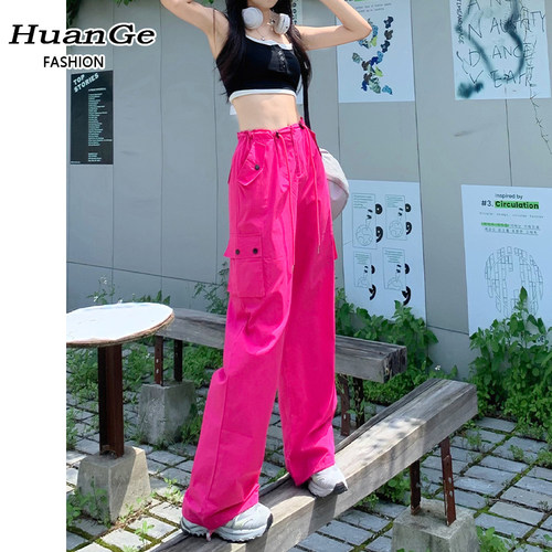 玫红色工装裤女款夏季薄款