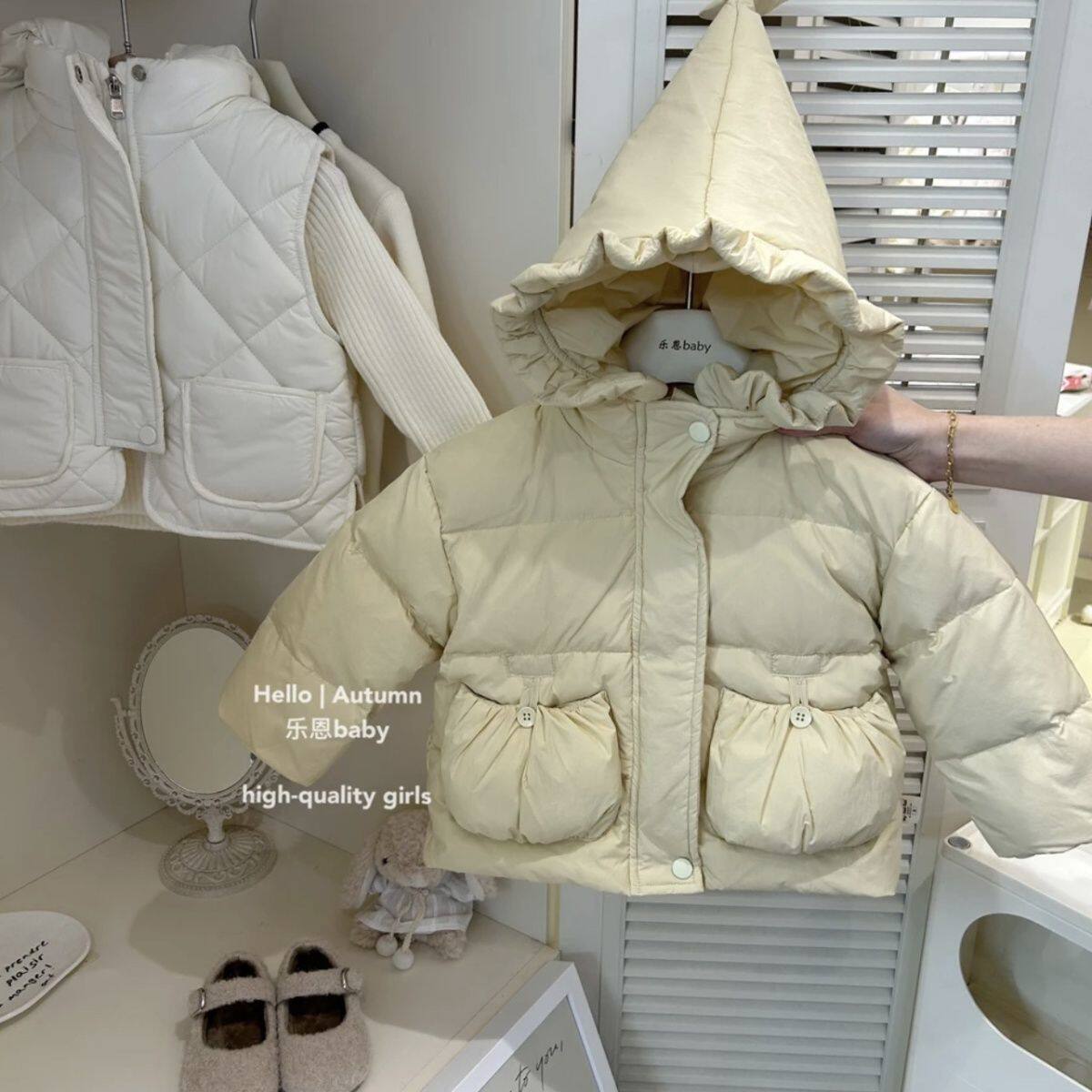 女童棉衣22024冬季新款加厚黄色棉服洋气百搭连帽外套时髦棉袄