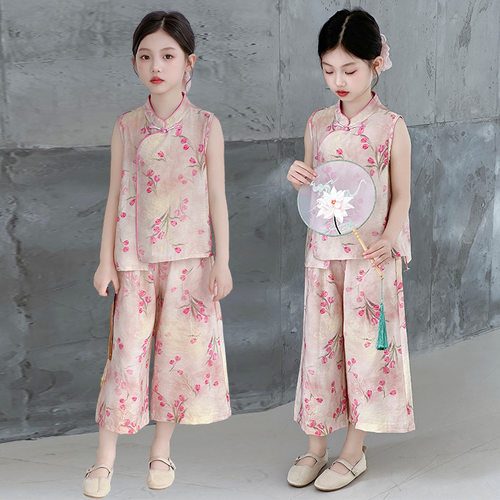 女童套装夏季薄款2026新款儿童洋气复古新中式国风旗袍汉服两件套
