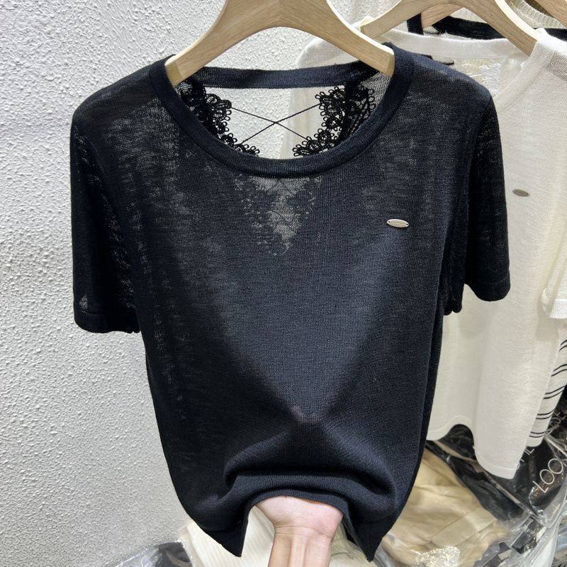 蕾丝镂空露背冰丝短袖T恤女2025夏季新款显瘦轻薄 针织衫女式上衣,女装/女士精品,毛针织衫,淘宝优惠券,粉丝福利购,淘宝优惠卷