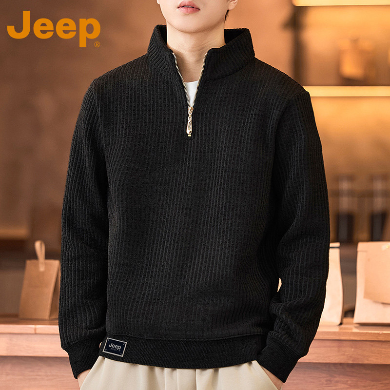 JEEP吉普黑色半拉链毛衣男款秋冬季2025新款上衣服立领针织衫外套
