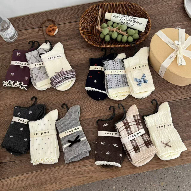 设计师款女春秋韩版中筒堆堆袜蝴蝶结原创小众甜美百搭