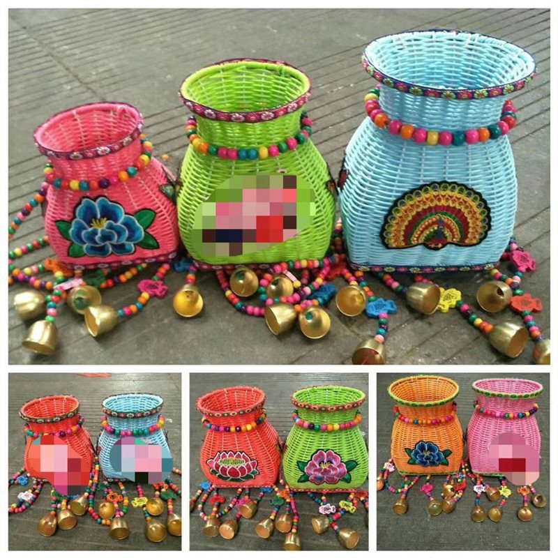 新品旅游新款手工编织鱼篓儿童背篓彩色风铃双肩舞蹈背篓民族风