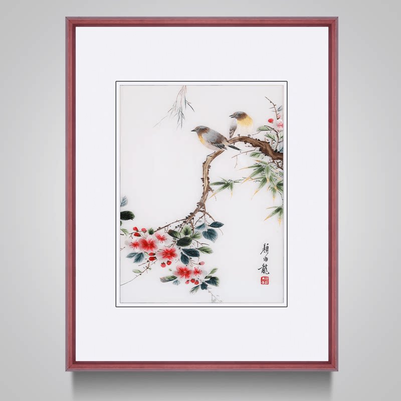 三林堂木艺苏绣画手工刺绣客厅装饰画餐厅画D款手工精绣花鸟手工