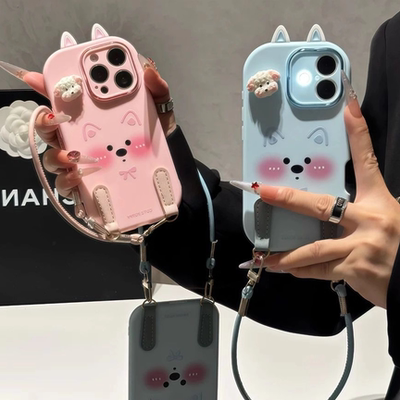 适用iPhone17脸红小狗挂绳手机壳