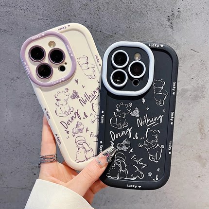 卡通线条维尼熊适用iPhone16promax可爱情侣苹果15/14/13/12简约MATE60PRO硅胶全包荣耀90/100PRO防摔保护壳