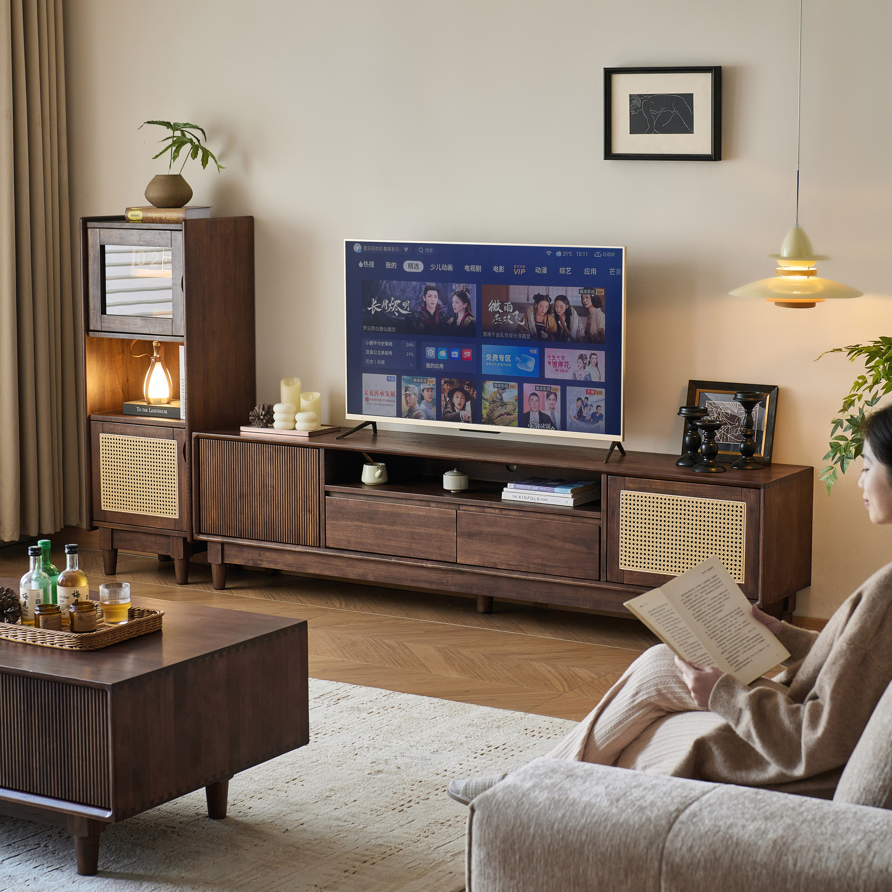 电视柜北美黑胡桃木实木中古风电视柜胡桃地柜组小户型客厅储物柜