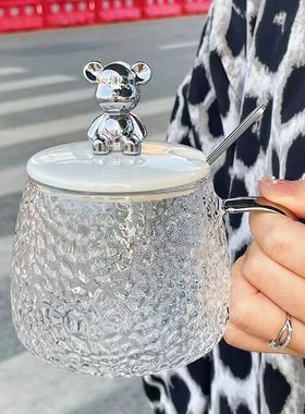 玻璃杯可爱水杯女士高颜值家用喝水带盖勺咖啡早餐小熊杯子冲泡杯