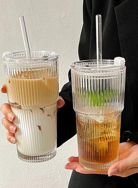 ins竖纹玻璃杯带盖吸管水杯奶茶杯高颜值冷饮杯果汁咖啡杯饮料杯