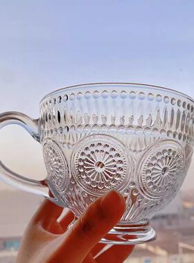 早餐碗早餐碗牛奶杯家用燕麦杯雕花早餐杯把手杯玻璃杯水果杯描金