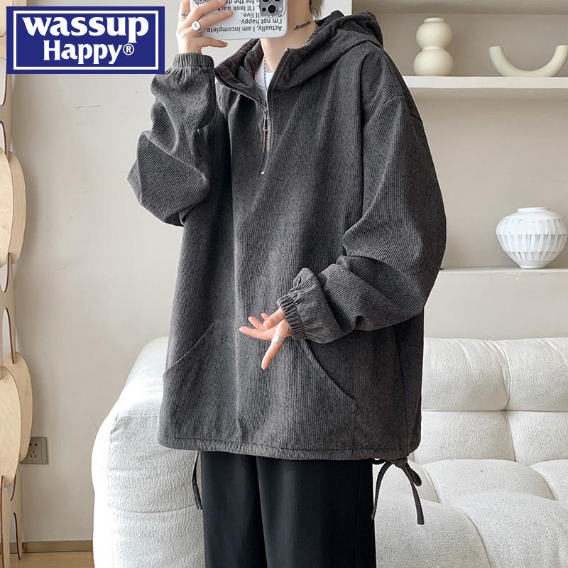 wassup happy半高拉链连帽卫衣男款春秋季潮流设计感大码休闲外套
