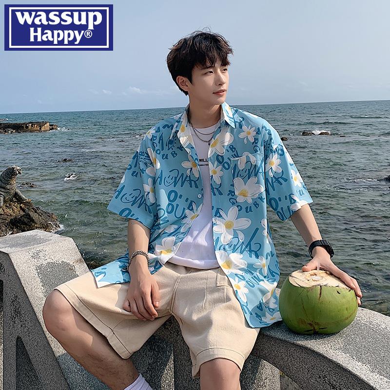 wassup happy冰丝花衬衫男短袖夏季薄款沙滩衬衣潮牌痞帅宽松外套