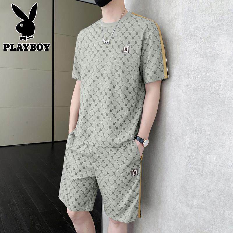 花花公子冰丝短袖套装男士夏季新款运动休闲衣服短裤时尚潮流男装