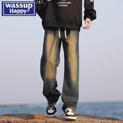 WASSUP HAPPY复古蓝渐变牛仔裤男款春秋季美式高街直筒休闲长裤子
