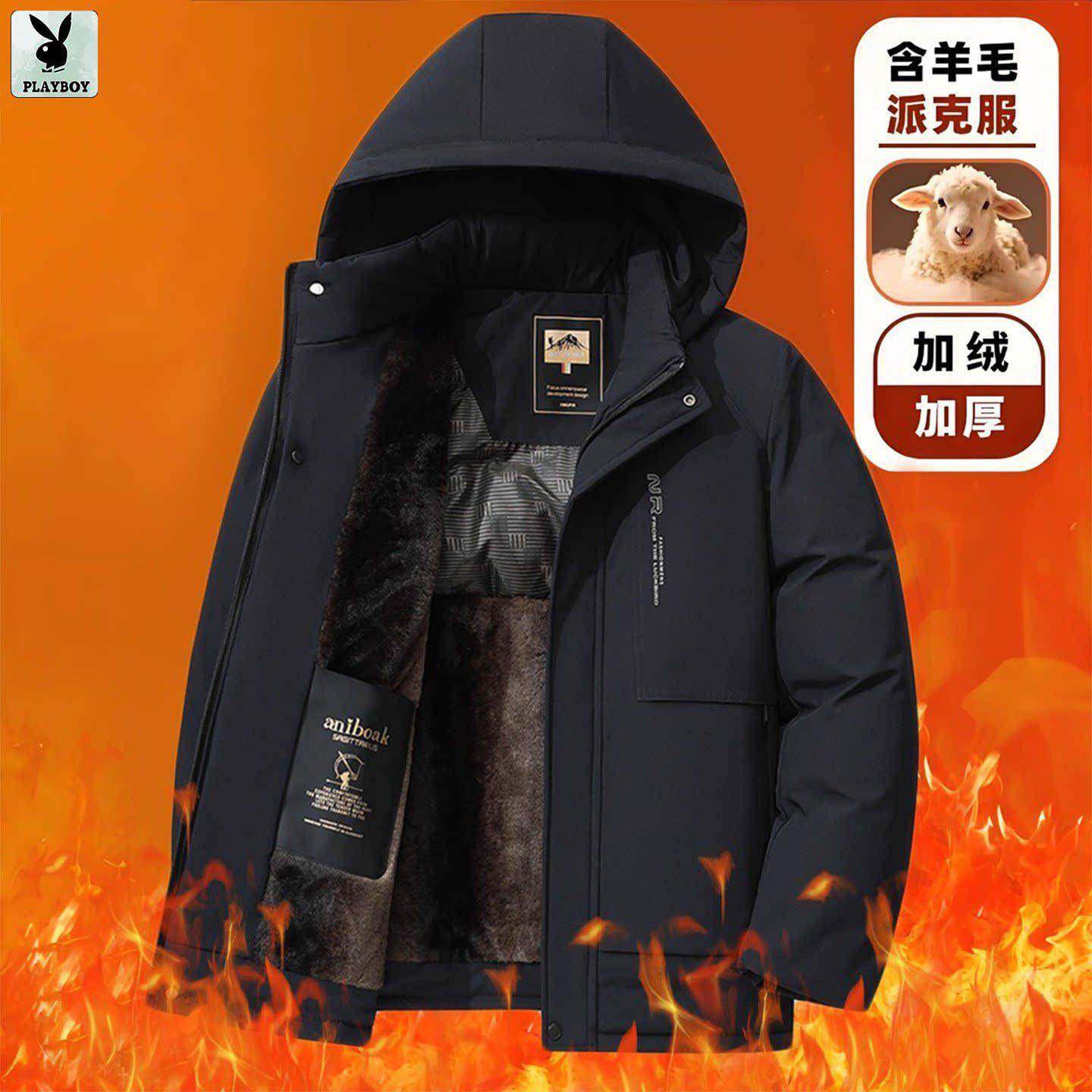 花花公子加厚棉衣派克服男士冬季新款连帽保暖防风爸爸装冬装外套