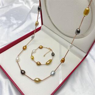 抖音快手展销会网红热销糖果色淡水珍珠项链长毛衣链手链两件套装