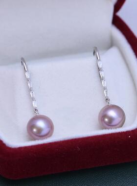 淡水9-10mm正圆强光细微瑕紫色珍珠S925简约款女耳环耳钉