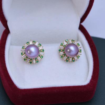 淡水紫色9-10mm正圆强光细微瑕珍珠耳钉女S925银圆圈形耳饰供