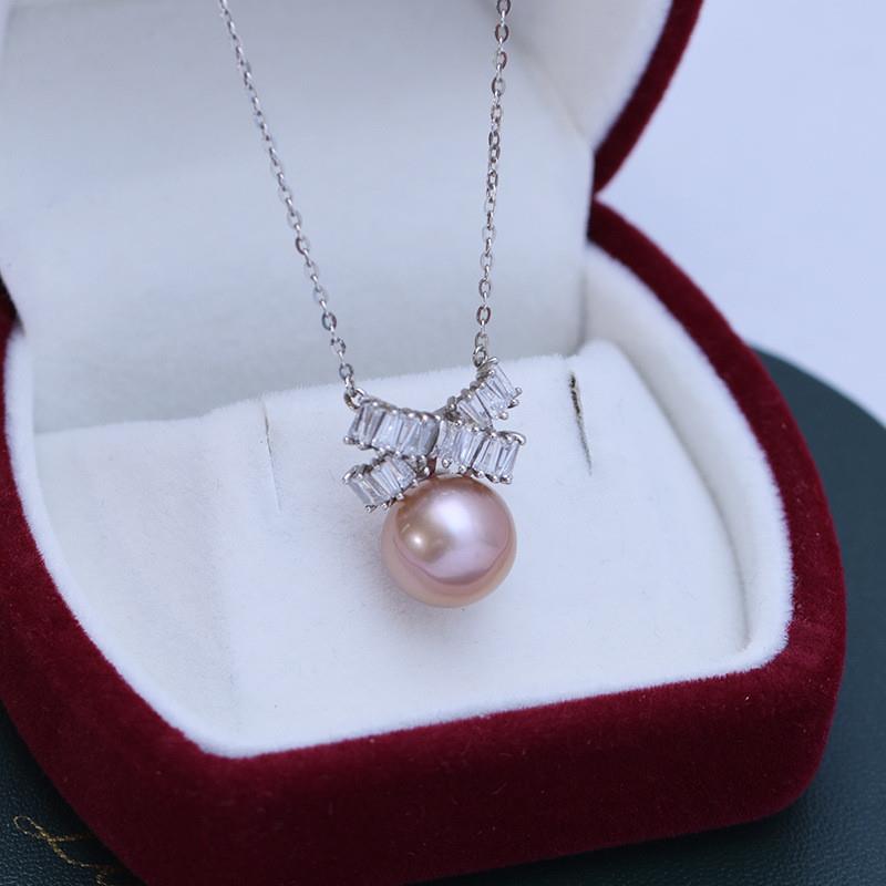 淡水10-11mm正圆强光细微暇珍珠紫色爱迪生吊坠女S925银项链