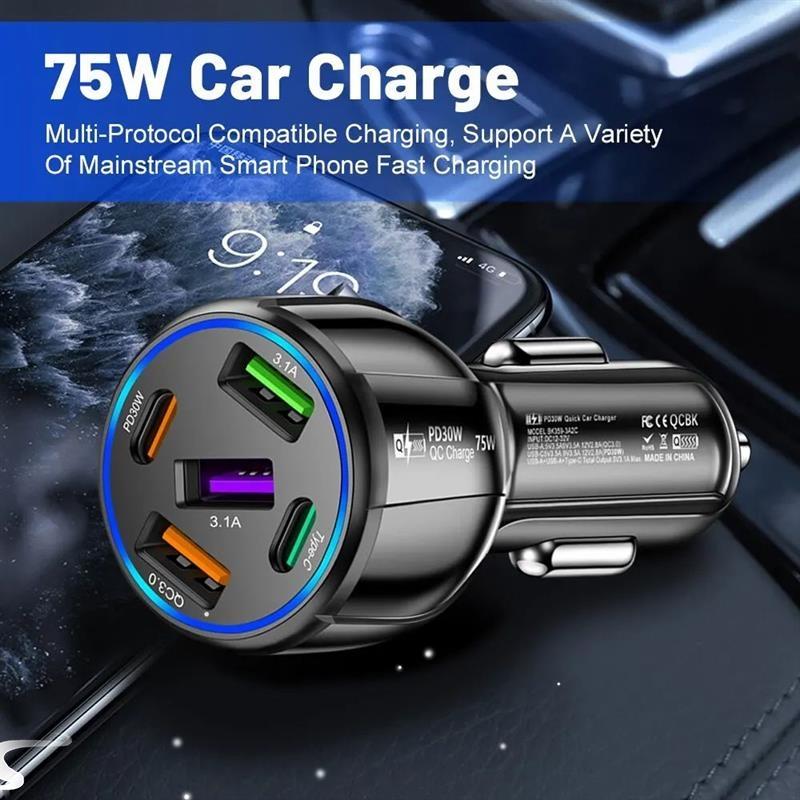 5 Port 75W USB Car Chargers Type C Car Charger Fast Cha