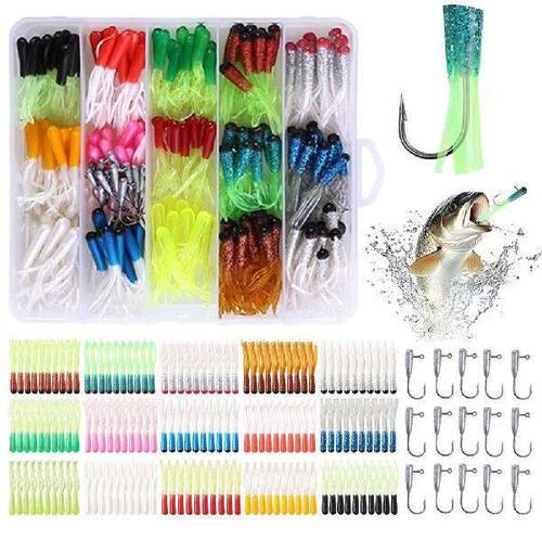 165pcs Small Soft Tube Bass Lure Bait with Jig Hooks