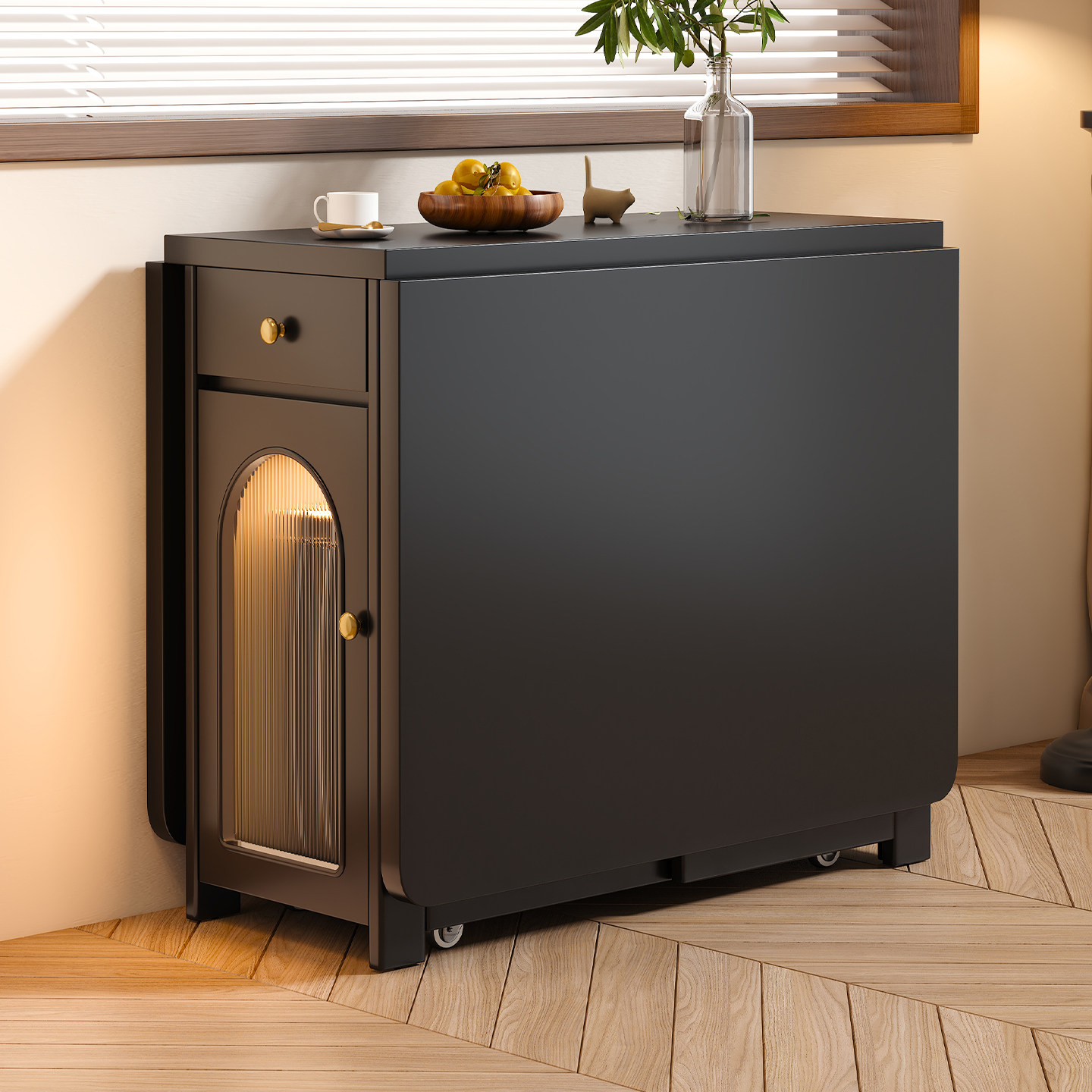 现代简约实木折叠餐桌椅组合可移动伸缩小户型家用超薄储物饭桌