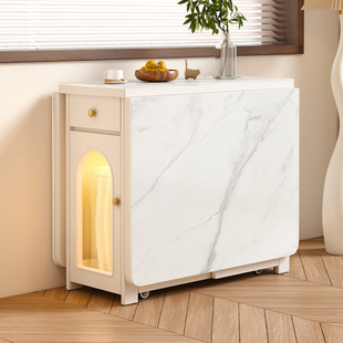 奶油风实木岩板餐桌可折叠移动小户型家用伸缩多功能长方形小饭桌