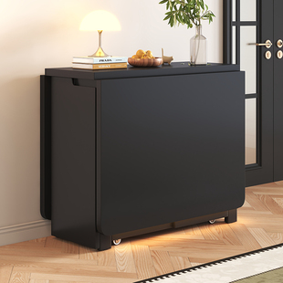 黑色实木折叠餐桌折叠桌子餐桌家用可收纳带轮移动餐桌多功能餐桌