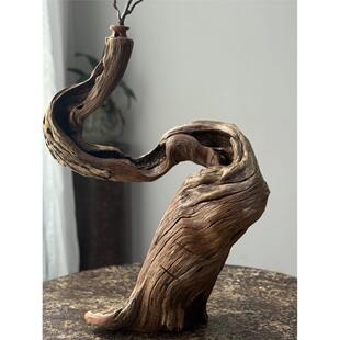 清泉古艺 手作花器异形花瓶实木花插摆件 诧寂风覆古木质花瓶中式